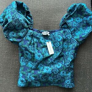 Anthropologie Jacquard floral Puff Sleeve Blue and Green Top Sz US 4